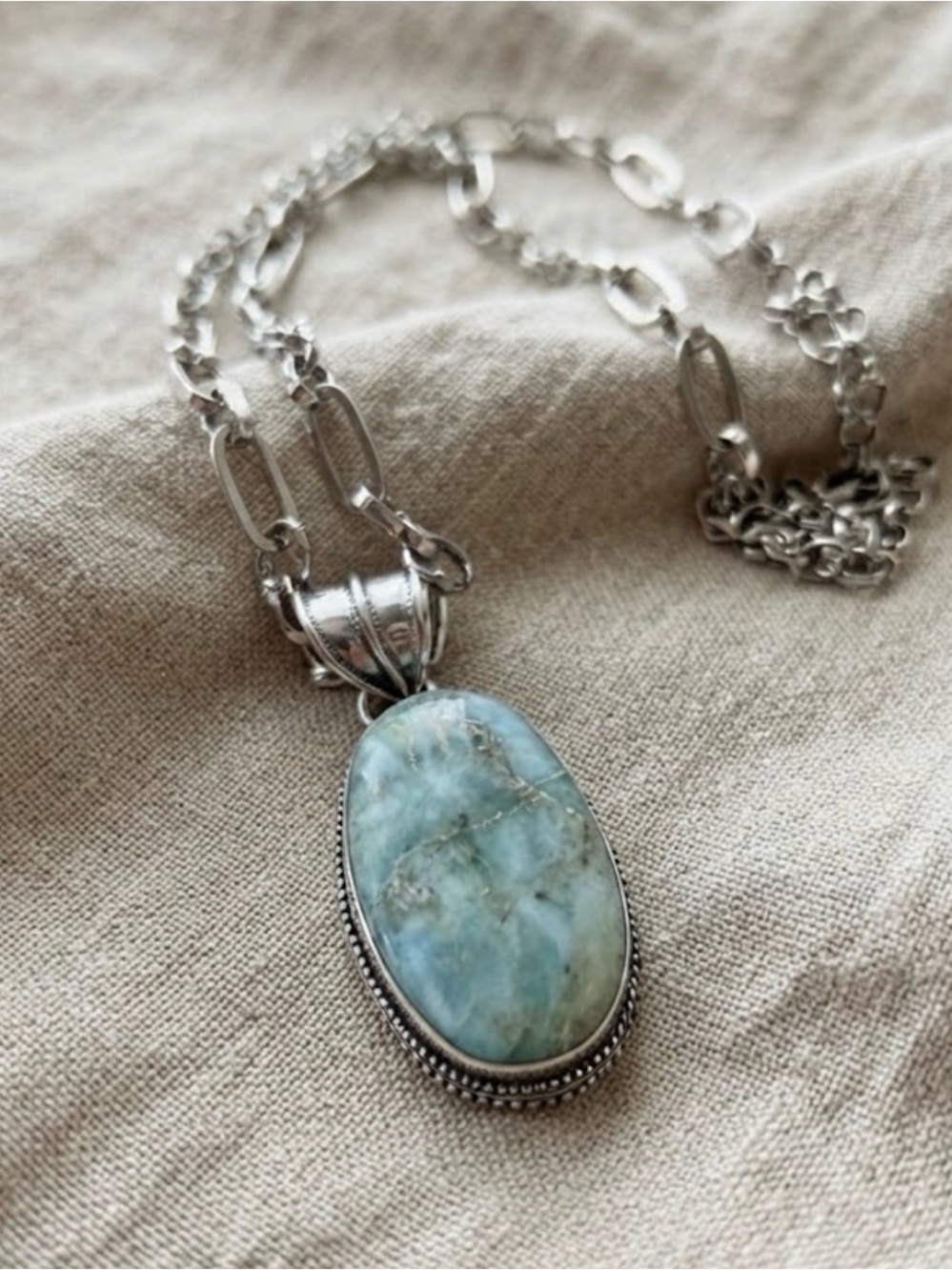 Genuine Larimar Oval Pendant Sterling silver 925 stamp